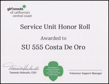Service Unit Honor Roll Certificate